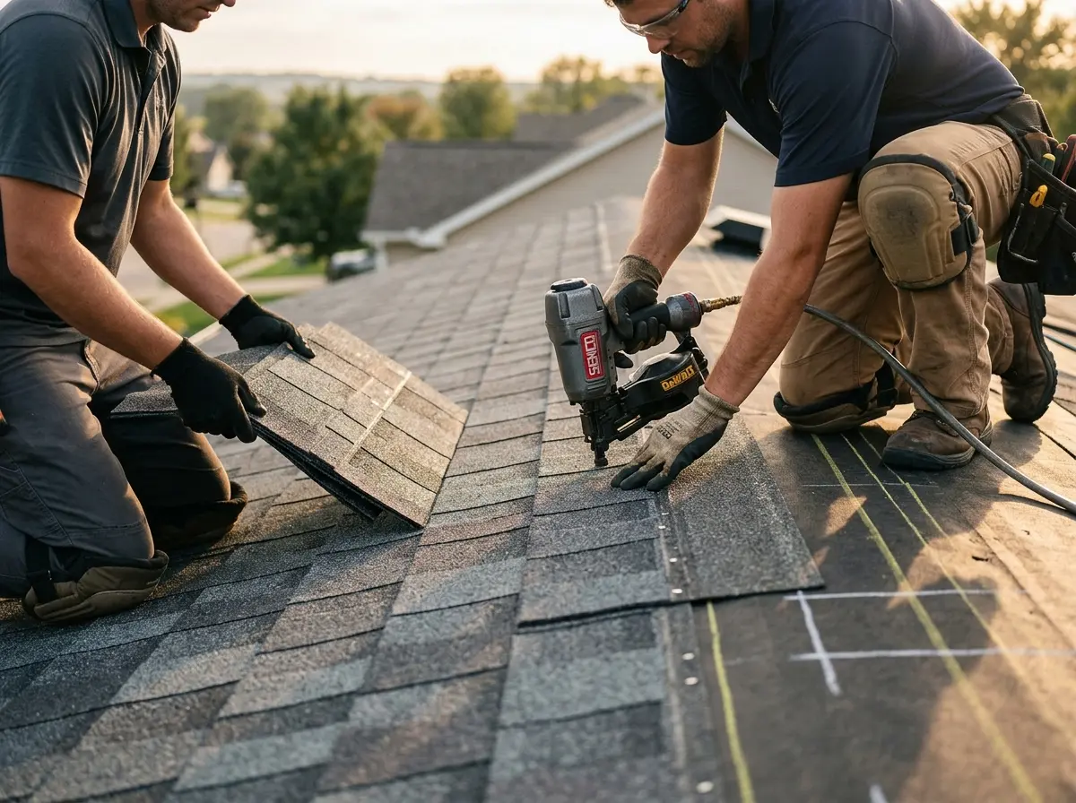 Professional roofer working on a residential roof in Lima